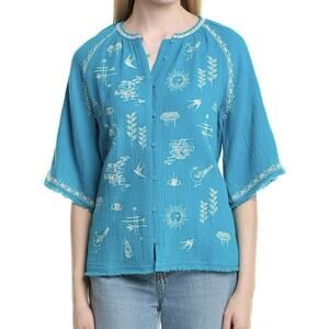 Johnny Was NWT Megara Blouse Teal Embroidered Sz S Raglan Flare Slv Button Down